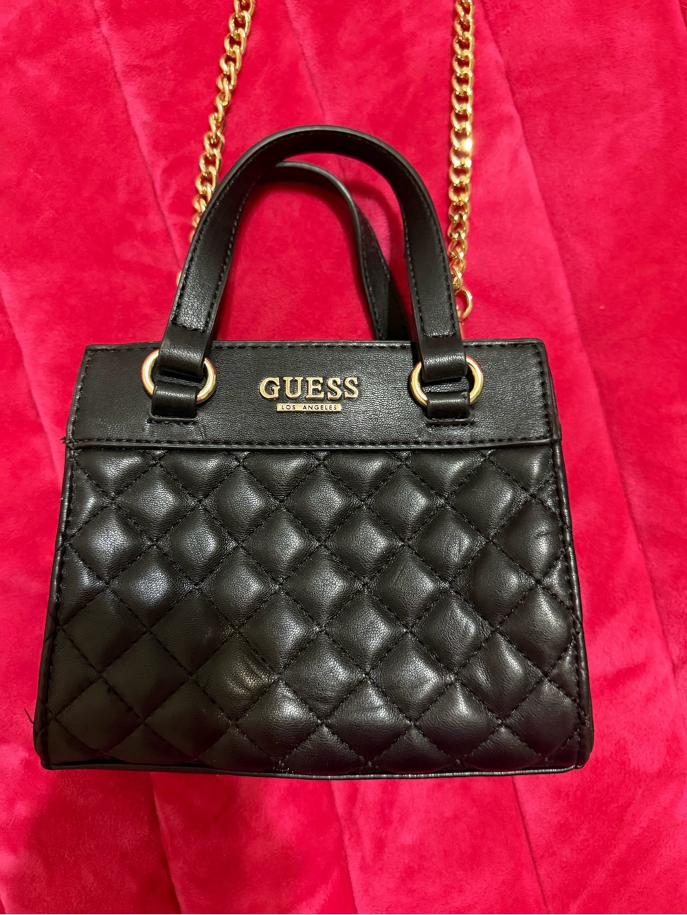GUESS Black Quilted Mini Satchel with Gold Chain